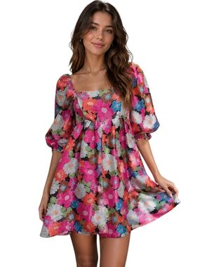 STORIA Wildflower Fields Floral Shimmer Babydoll Mini Dress – Puff Sleeve. Small